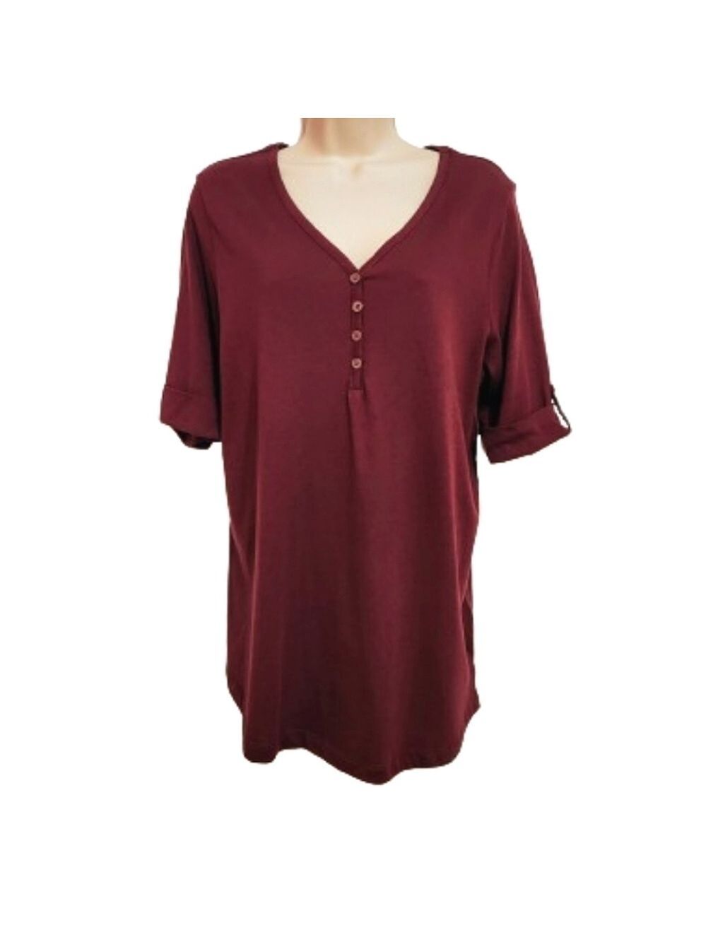 Karen Scott Knit Top Burgundy Button Front Small